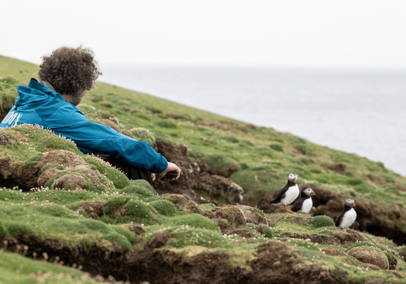 Der Expeditionsleiter der Kreuzfahrt sitzt ruhig bei den Papageientauchern auf Fair Isle